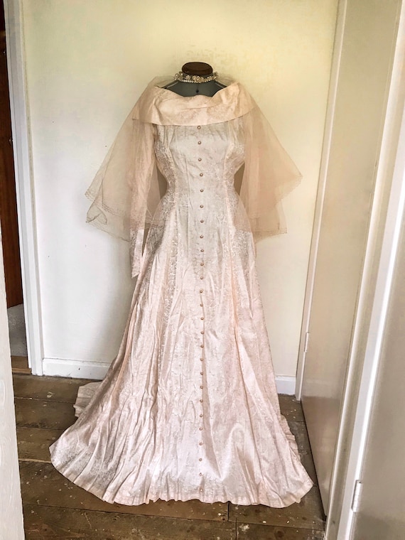 Vintage 1950s Pink Satin Floral Wedding Dress - Wi