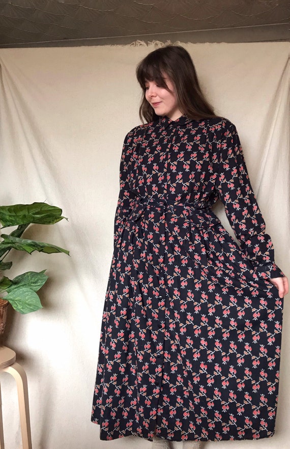 Vintage 1970s Adini Black Floral Shirt and Skirt S