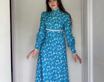 Vintage 1970s Blue Floral Prairie Maxi Dress - Long Puff Sleeves - Lace