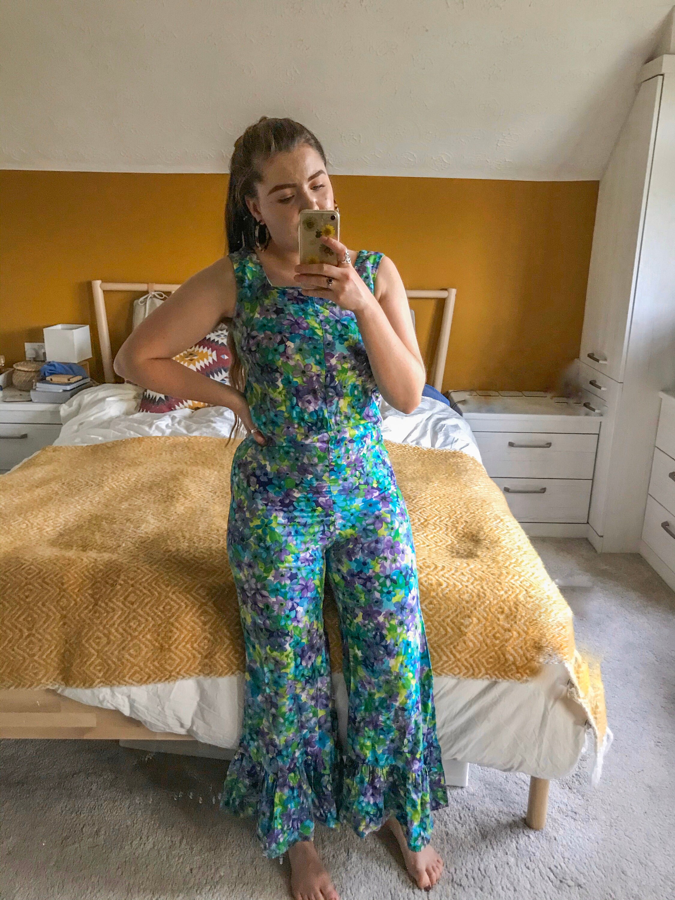 Image of Vintage S Bright Blue & Purple Floral Jumpsuit - Flared Trousers