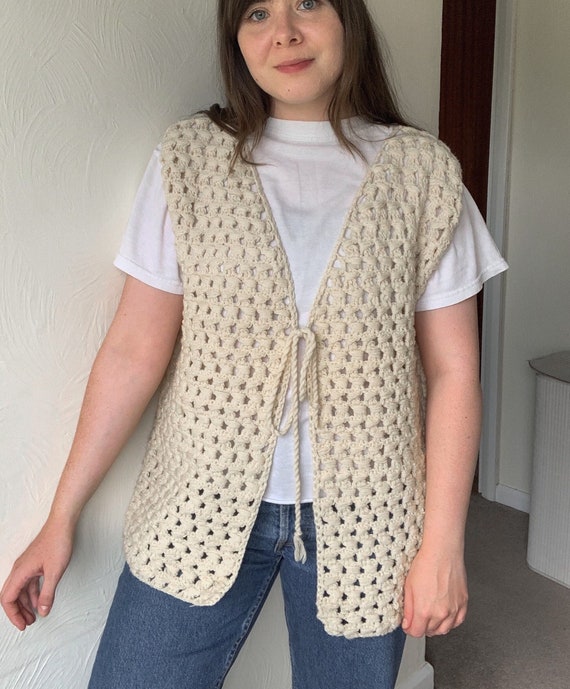 Vintage Handmade Cream Crochet Wool Vest - Etsy UK