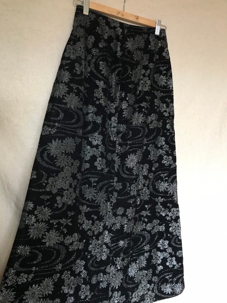 Vintage 1970s Black and Silver Glittery Floral Maxi Skirt