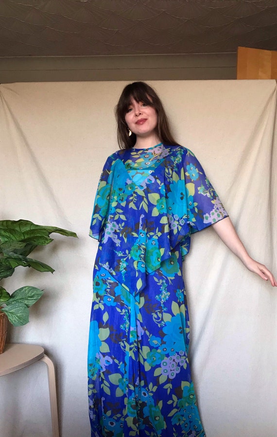 Vintage 1970s Bright Blue Floral Maxi Dress With A