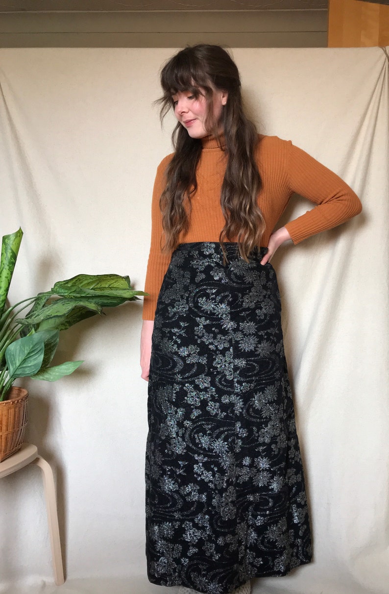 Vintage 1970s Black and Silver Glittery Floral Maxi Skirt