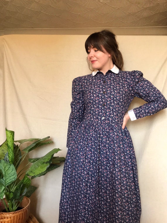 Vintage 1980s Navy Blue Floral Collared Dress