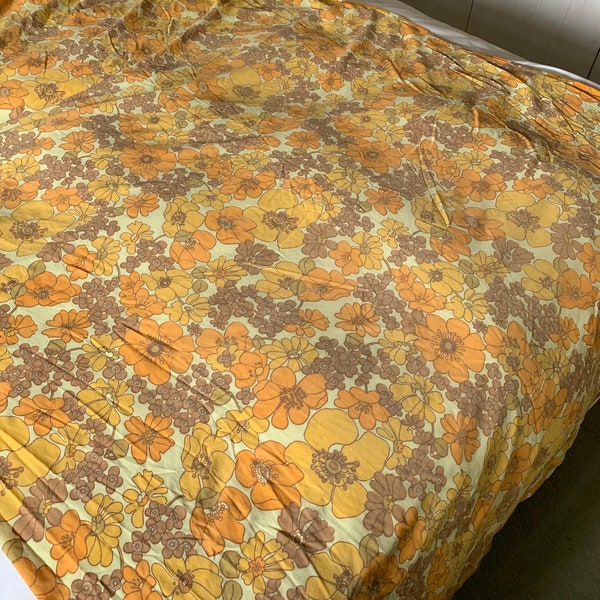 Vintage 1970s Mustard Yellow Floral Fitted Bed Sheet Fabric Material