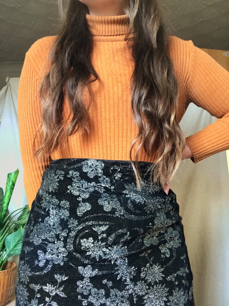 Vintage 1970s Black and Silver Glittery Floral Maxi Skirt