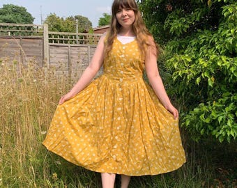 Vestido vintage de algodón con estampado floral amarillo de los años 80