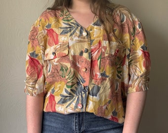 Vintage 1990s Tropical Floral Pattern Silk Blouse