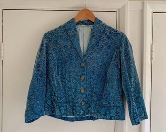 Vintage 60er Jahre Jacke, Blau Blumenmuster