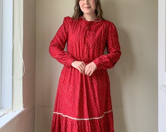Vintage 1970s Red Floral Prairie Dress