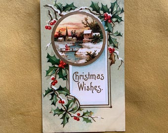 Carte postale édouardienne vintage Scène de voeux de Noël