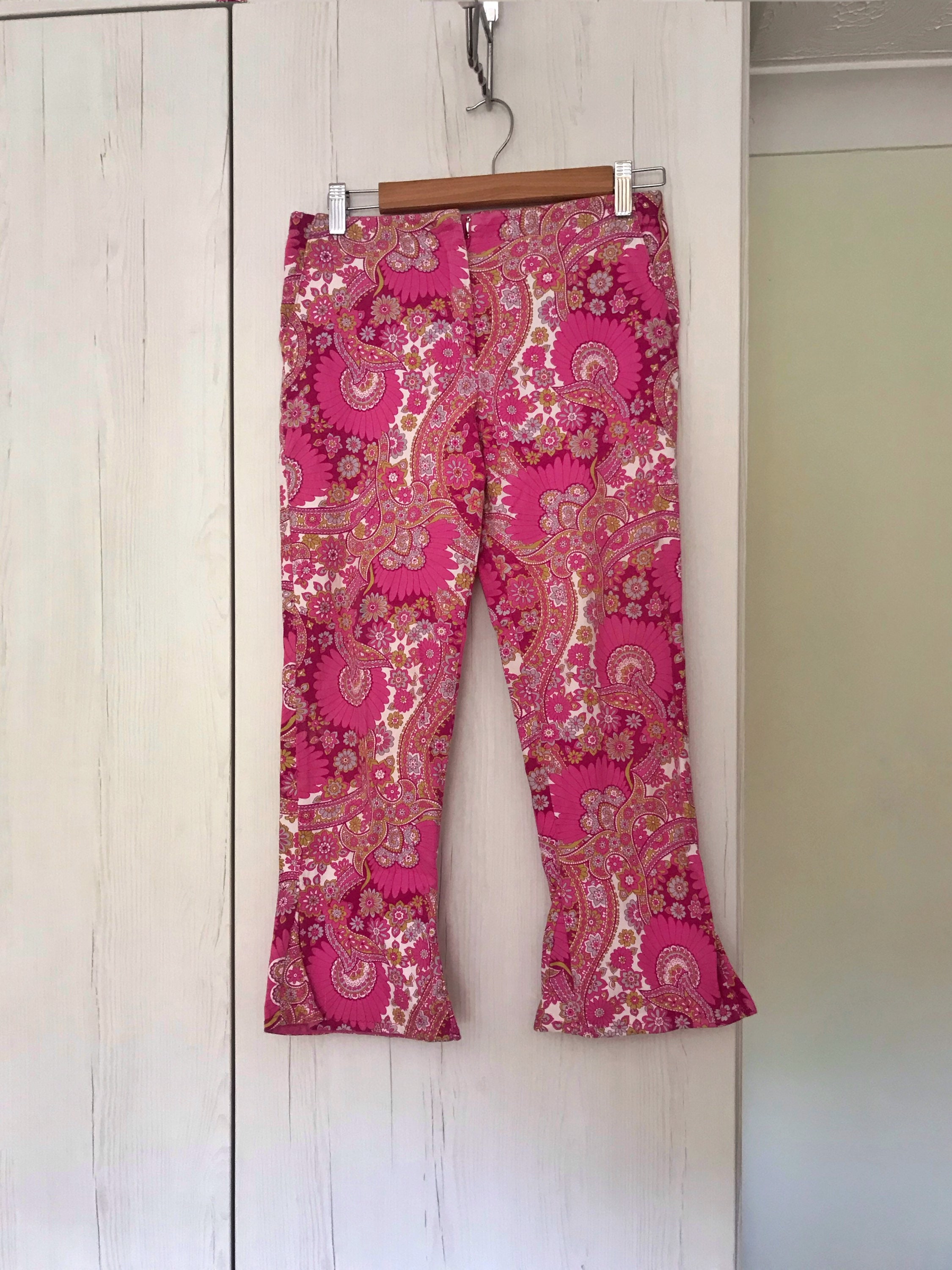 Image of Vintage S Bright Pink Funky Floral Paisley Flared Trousers - Handmade?