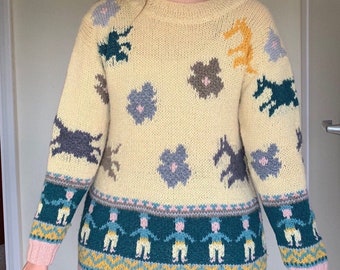 Vintage 1990s Pale Yellow Patterned Wool Jumper
