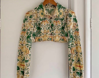 Blusa corta floral amarilla y verde hecha a mano vintage de la década de 1970