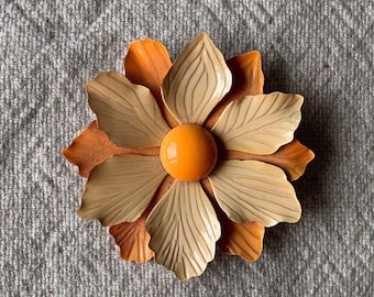 Vintage 1970s Orange Flower Metal Brooch