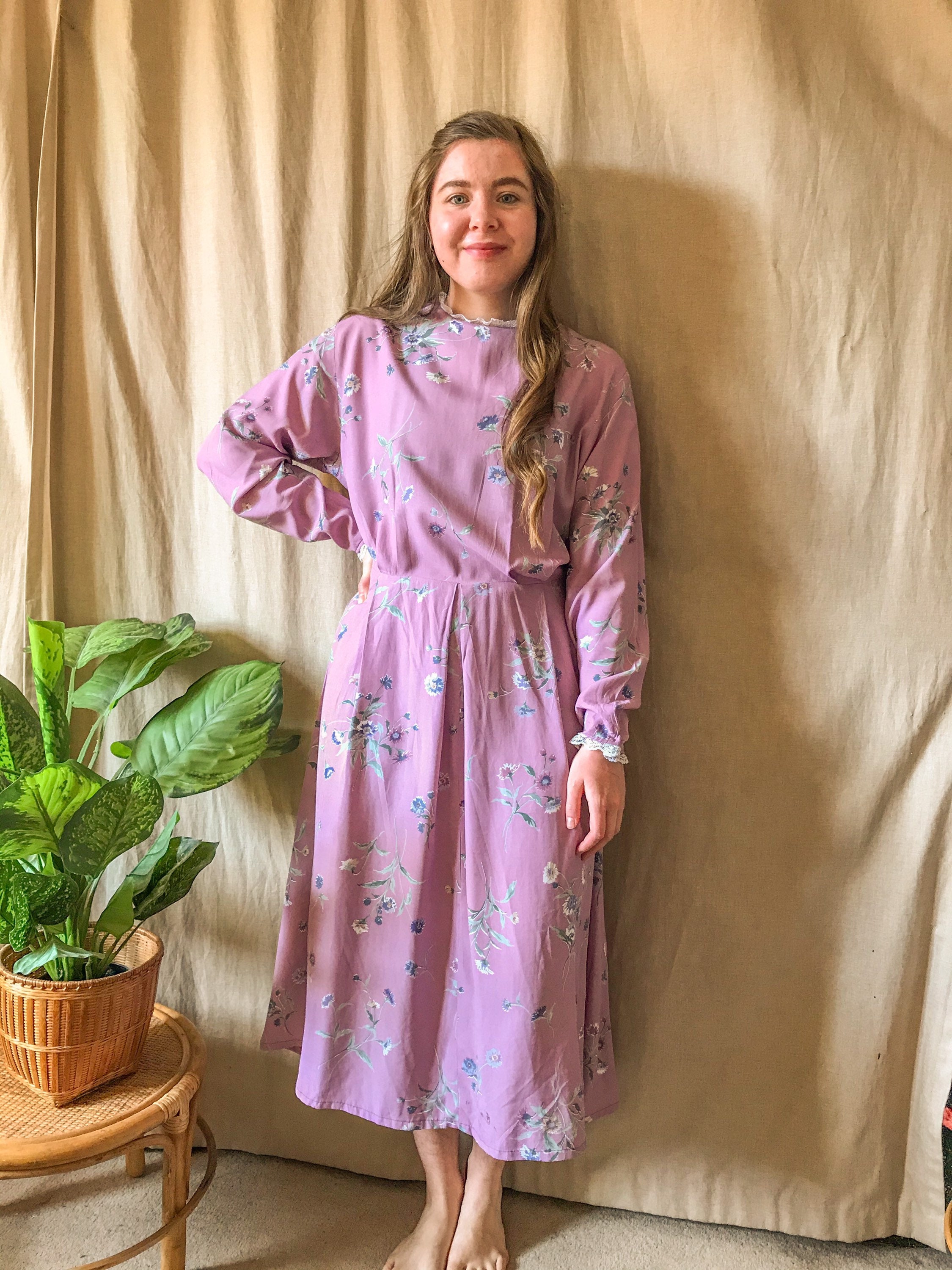 Image of Vintage S Lilac Floral Long Sleeve Dress