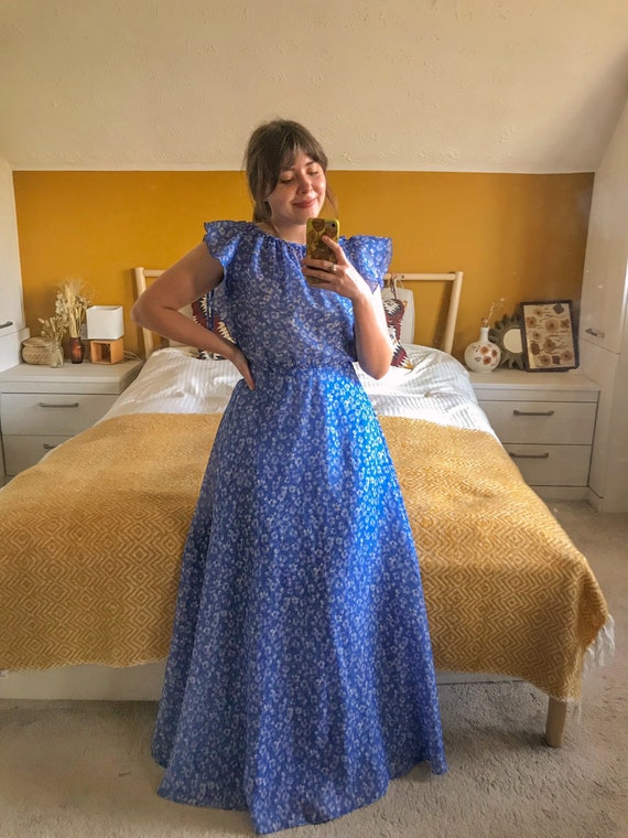 Vintage 1960s Blue Floral Maxi Dress Angel Sleeves