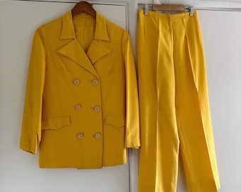 Vintage 1970s Yellow Two Piece Trouser Suit Blazer Jacket and Trousers