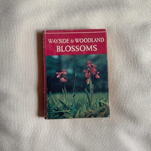 Könnte beinhalten: Ein Vintage-Buch mit dem Titel "Wayside & Woodland Blossoms" mit einem roten Einband und einem Foto von rosa Blüten auf dem vorderen Umschlag.