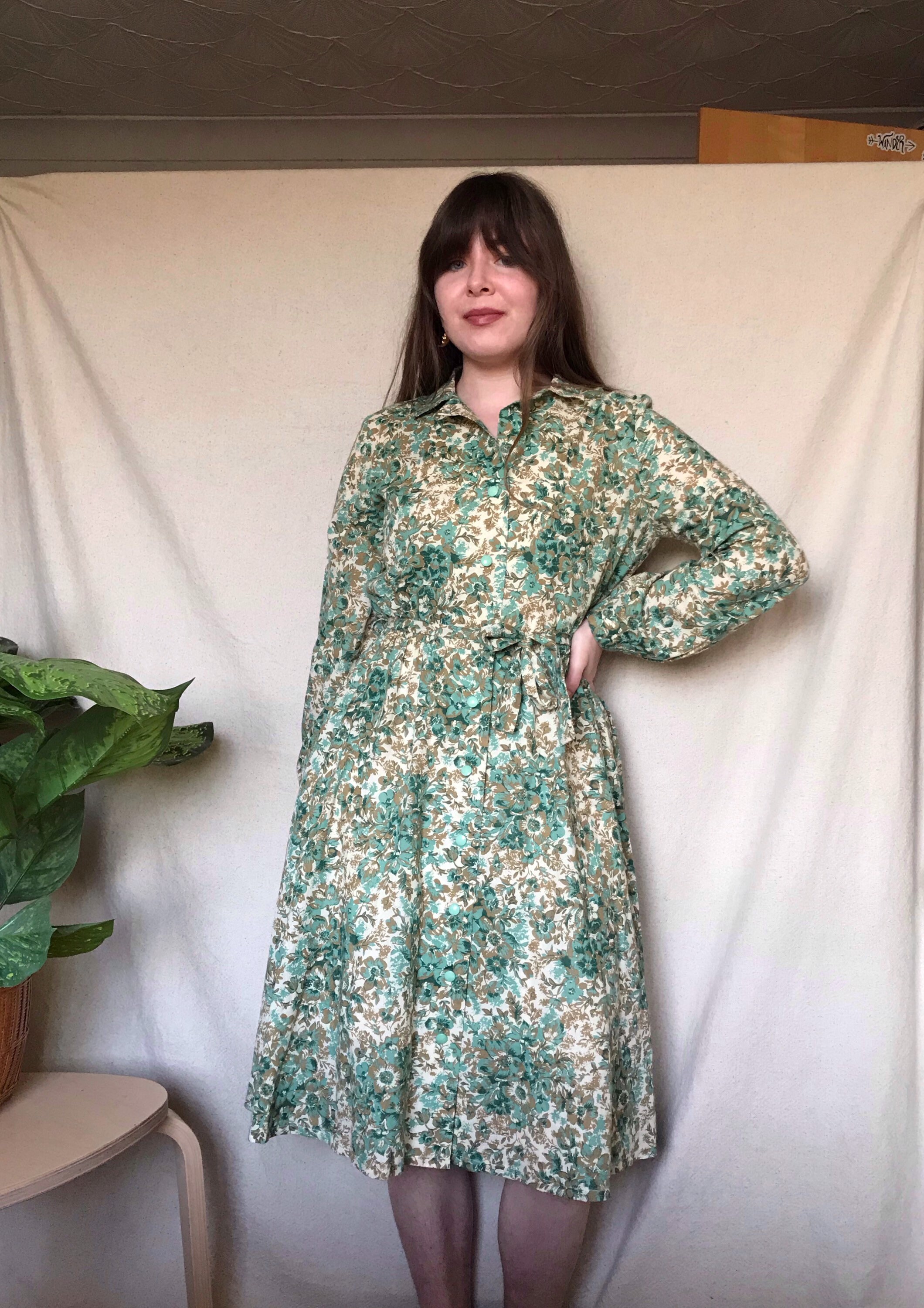 Image of Vintage S Green Floral Long Sleeve Dress