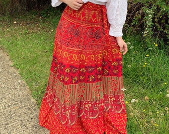 Vintage 1970s Red Batik Block Print Wrap Maxi Skirt