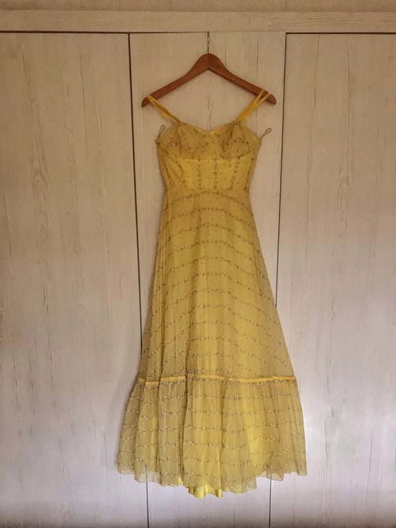Vintage 1950s Yellow Floor Length Ditsy Floral Dre