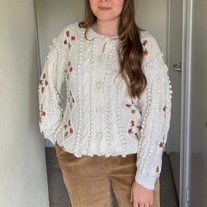 Vintage Hand Knit Cream Flower Bobble Embroidered Cardigan