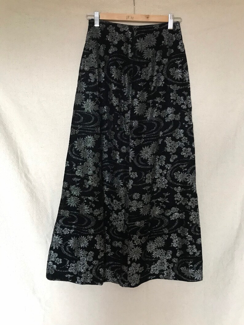 Vintage 1970s Black and Silver Glittery Floral Maxi Skirt
