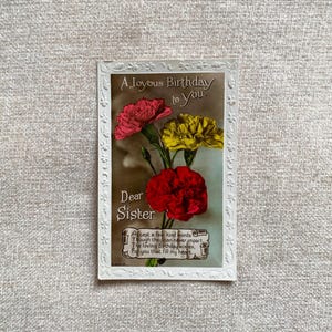 Carte postale vintage des années 30 Flower Sister anniversaire