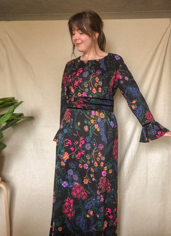 Vintage 1970s Colourful Floral Bell Sleeve Maxi Dr