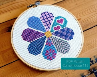 パッチワークフラワークロスステッチパターンDIYクラフトクロスステッチチャートPDFをすぐにダウンロード。このクラフトテンプレートを使って、自分だけのクロスステッチを作りましょう。