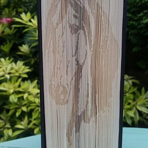 May include: A book with a horse's head folded into the pages. The book is standing upright on a light blue surface.