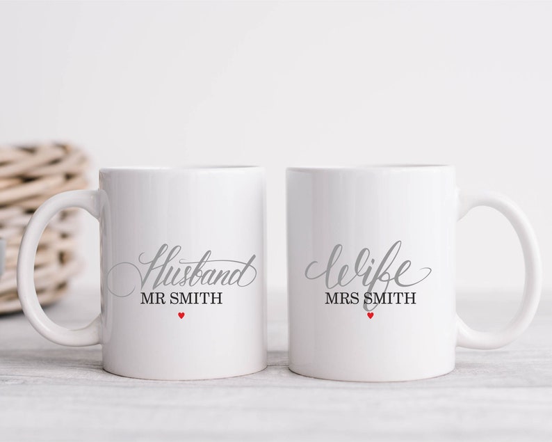 Set Of Two Mr and Mrs Husband Wife Bride Groom His and Hers Newlywed Engagment Coffee Mug Tea Cup Personalised Custom Wedding Present Gift image 1