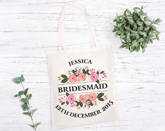 Bridesmaid Floral Flower Bag For Life Tote Shopper Shopping Bag Personalised Wedding Day Bridal Party Bridal Shower Hen Party Gift