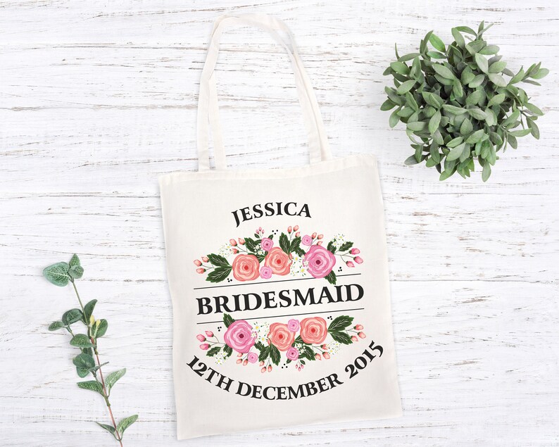 Bridesmaid Floral Flower Bag For Life Tote Shopper Shopping Bag Personalised Wedding Day Bridal Party Bridal Shower Hen Party Gift image 1