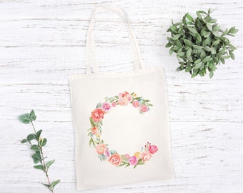 Floral Initial Alphabet Name Flower Tote Shopper Shopping Bag Personalised Birthday Christmas Hen Bridal Party Present Gift