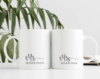 Set Of Two Mr & Mrs Bride and Groom Husband and Wife His Hers Newlywed Coffee Mug Tea Cup Personalised Wedding Engagement Present Gift