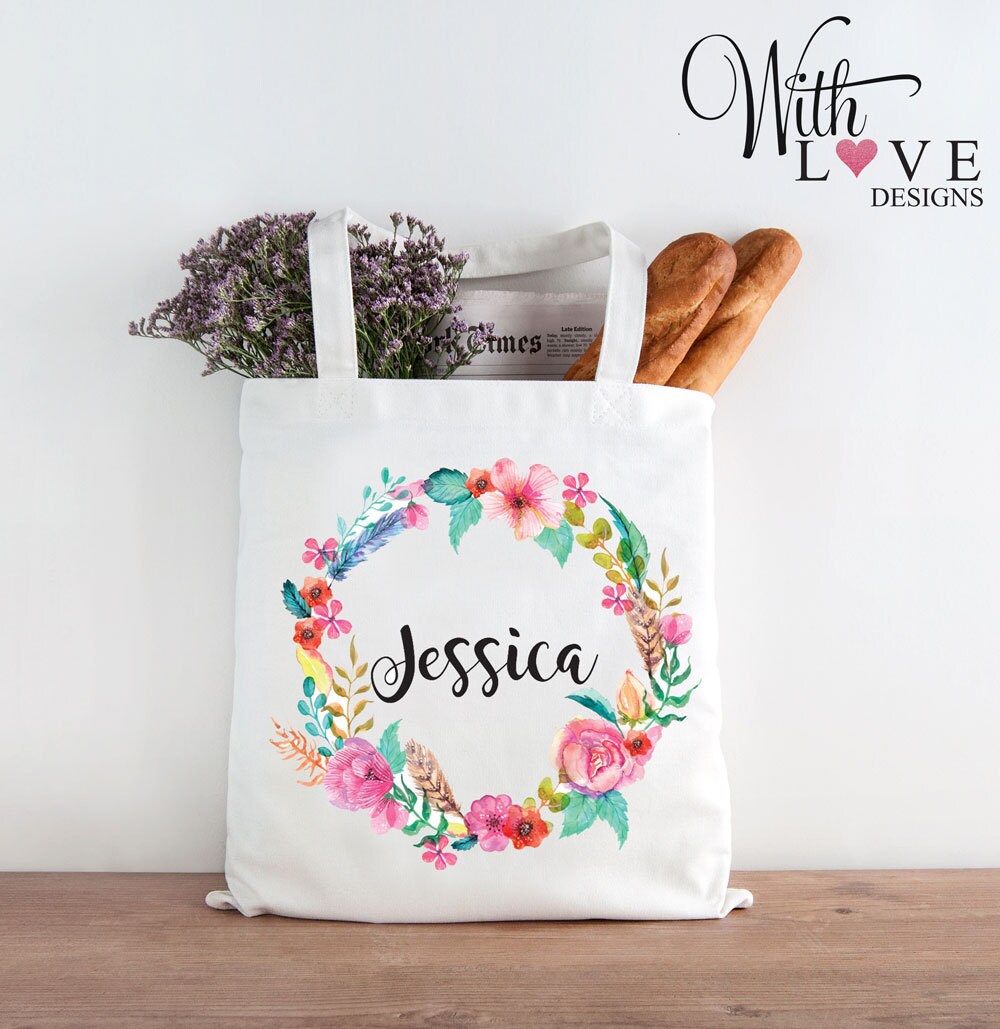 Floral Wreath Name Flower Initial Tote Shopper Shopping Bag Personali…