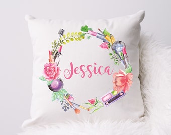 Make Up Artist MUA Girly Girl Bedroom Floral Wreath Personalised Custom Made Pillow Cushion Photo Birthday Gift Present Customised