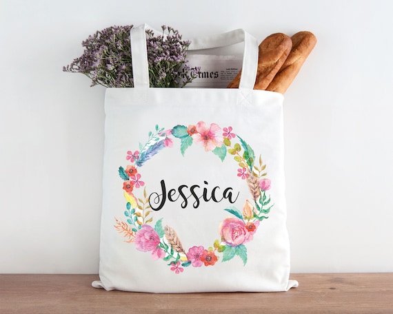 Floral Tote Bag Personalized Name Birthday Pink Flowers Canvas Wedding  Bride Bridesmaid Mother of the Bride Girl Gift Watercolor Wreath