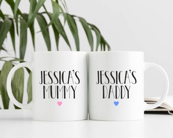 Set Of Two Child's Name New Mummy & Daddy Mum Dad To Be New Parents Coffee Mug Tea Cup Personalised Custom New Baby shower Present Gift
