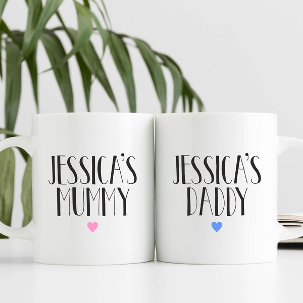 Set Of Two Child's Name New Mummy & Daddy Mum Dad To Be New Parents Coffee Mug Tea Cup Personalised Custom New Baby shower Present Gift