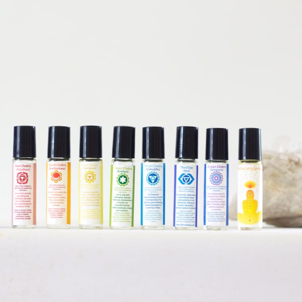 Chakra Roll-On Complete Set with Smudge Spray for Meditation, with Bonus Transcendence Scent