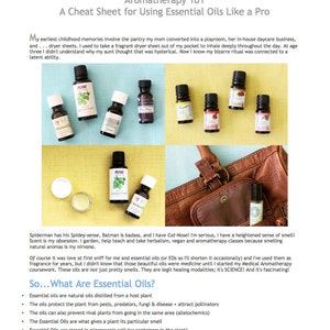 May include: Aromatherapy 101 cheat sheet with essential oil bottles. The image features various essential oil bottles with labels like "Peppermint" and "Rosemary", along with a small container of balm and a roller bottle. The text explains the use of essential oils.