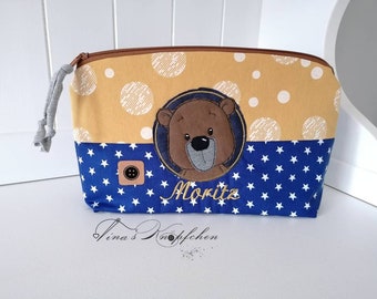 Kulturtasche /Windeltasche ,personalisierbar, senfgelb/blau, Teddybär, mit Name