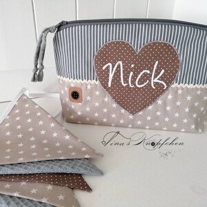 Kulturtasche /Windeltasche inklusive Name, beige grau /Taufgeschenk/ Geschenk zur Geburt/ Herz/ personalisiertes Geschenk