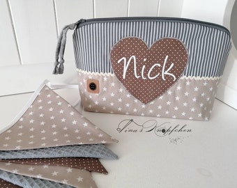 Toiletry bag/diaper bag including name, beige gray, baptism gift, birth gift, heart, personalized