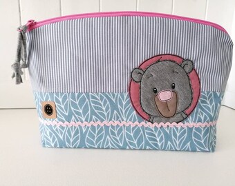 Toiletry bag / diaper bag customizable, pastel blue/grey, teddy bear, gift for birth