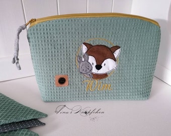 Windeltasche mit Name,Wickeltasche personalisiert, Waldtiere,Fuchs ,mint,Waffelpiquee